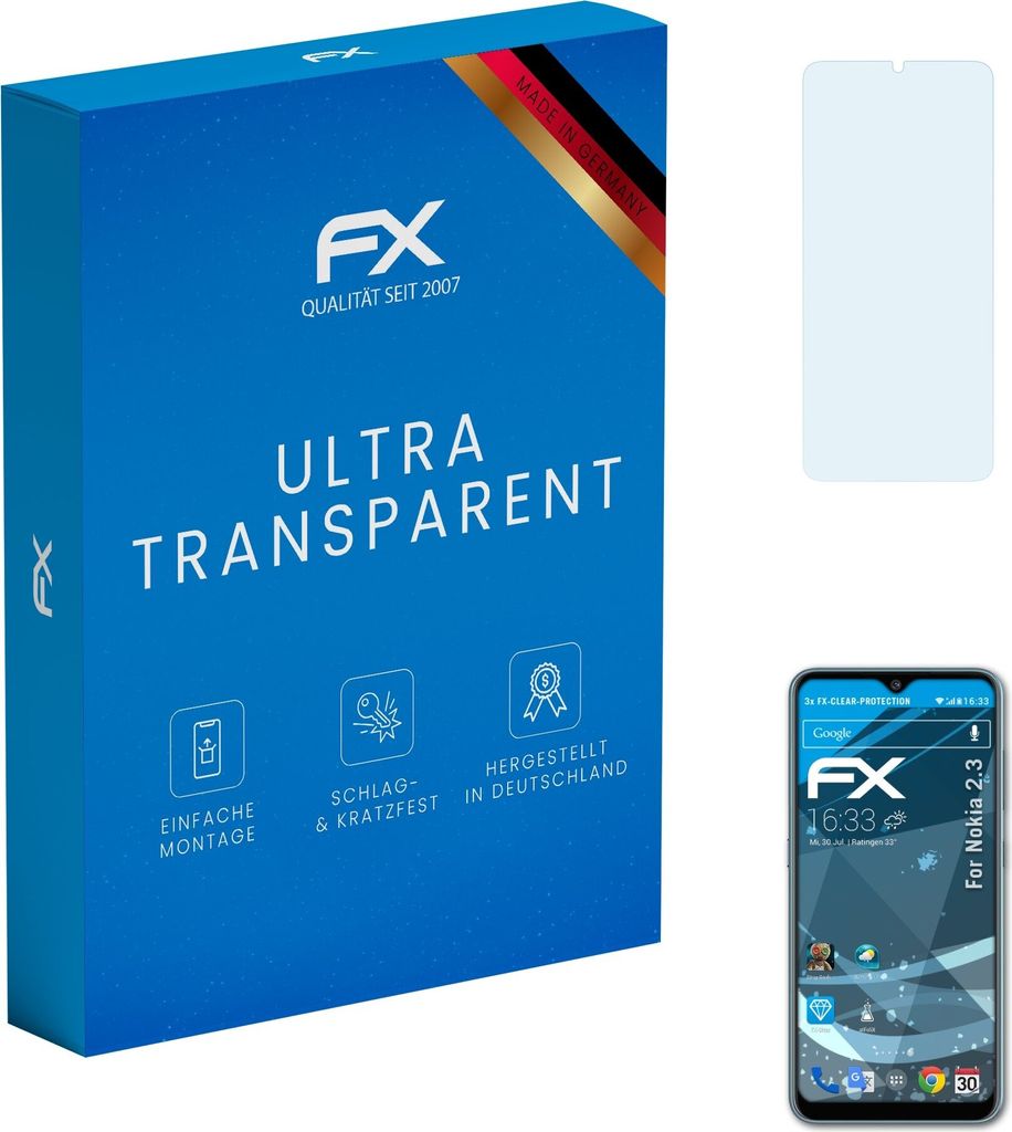 atFoliX FX-Clear 3x Schutzfolie kompatibel mit Nokia 2.3 Displayschutzfolie