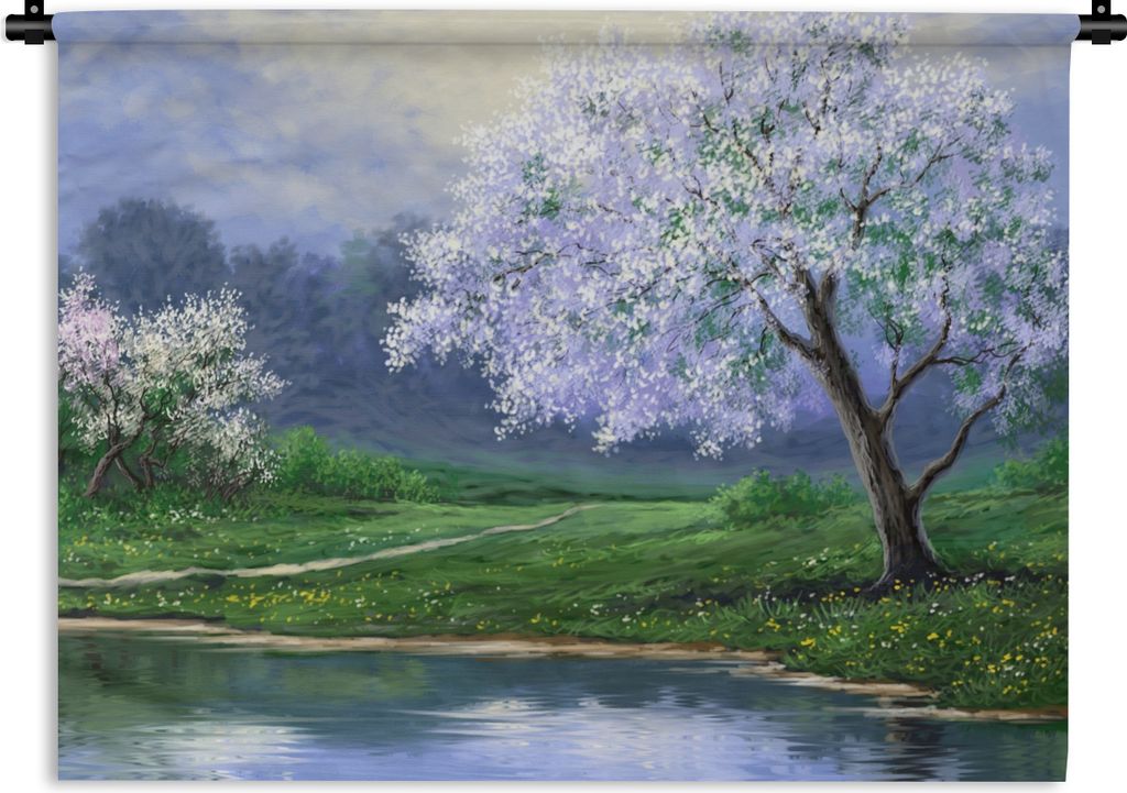 MuchoWow Wandteppich Wandbehang Malerei - Baum - Blüte - Natur - Wasser 150x112.50 cm Tapisserie Dekoration Wandtuch - Wanddecke - Wandteppiche