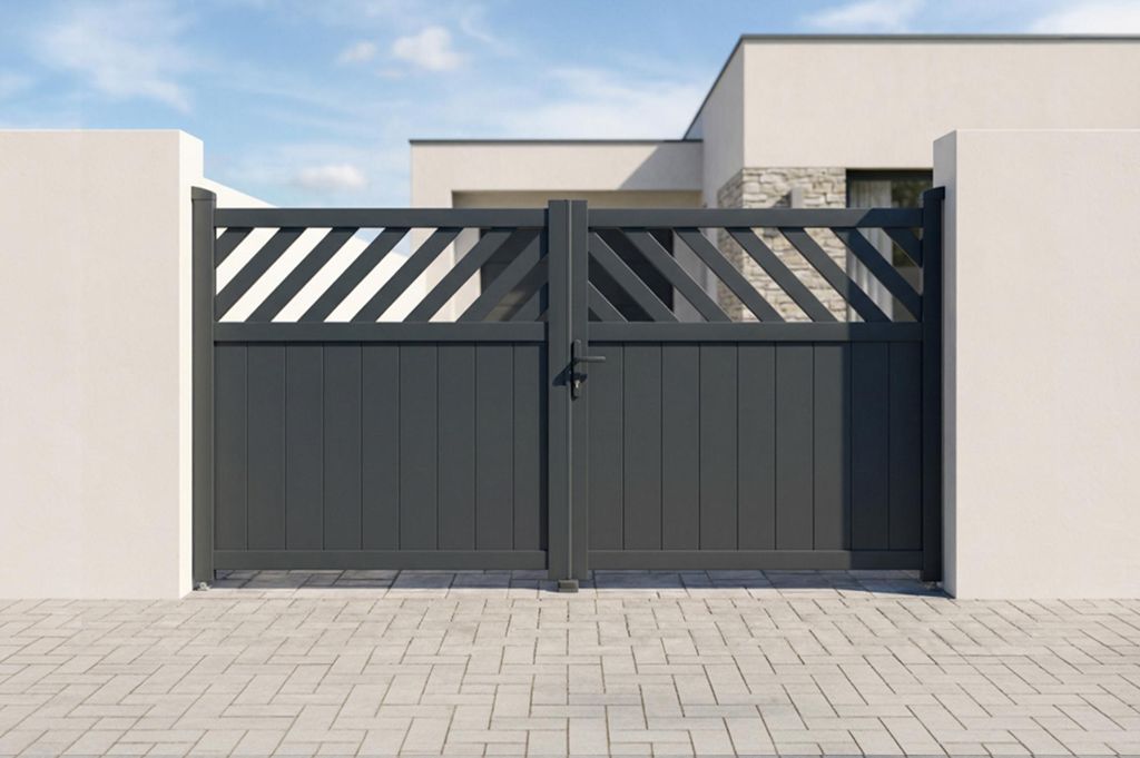 Verstellbares Schwingtor, 3 m breit, HELMIS H. 140 cm, graues Aluminium