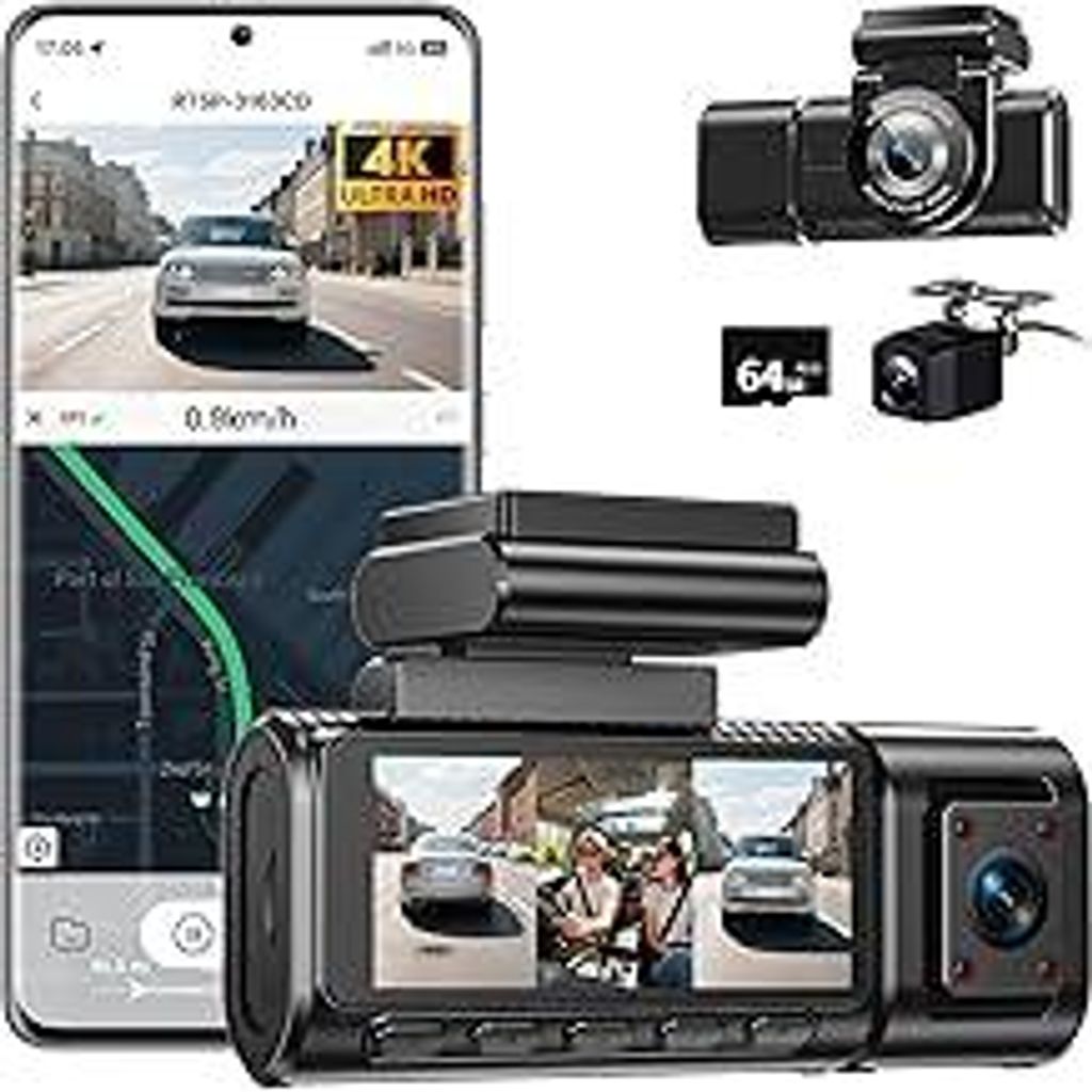 4K Dashcam Auto Vorne Hinten mit WiFi,3 Channel 1080P Dash Cam Auto Kamera 3,16 IPS Bildschirm,e 64 GB Karte,Nachtsicht,G Sensor,Loop-Aufnahme,200...