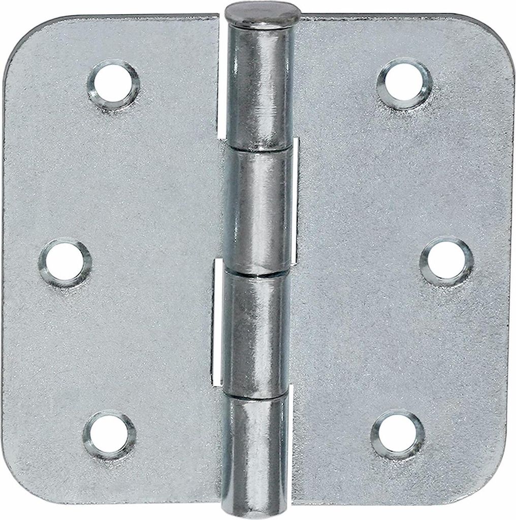 A silver metal hinge with three circular holes on each side for screws.
