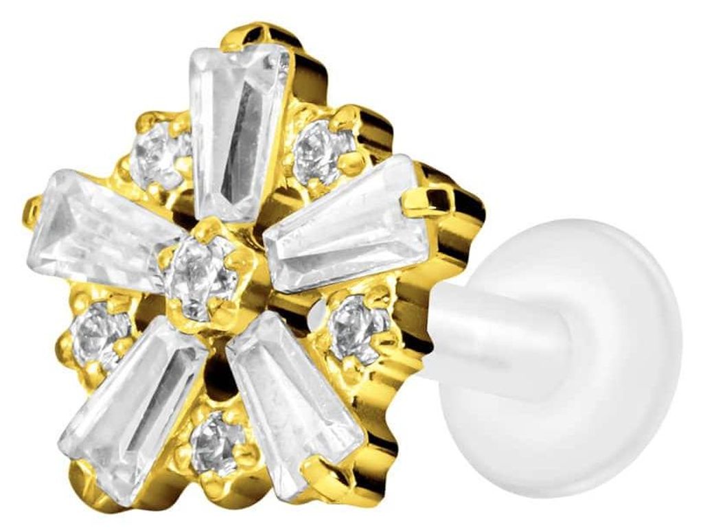 Ohrpiercing, Nasenpiercing PTFE Labret mit Innengewinde + Titan-Aufsatz SCHNEEFLOCKE Gold Stablänge: 7mm | Stabstärke: 1,6mm