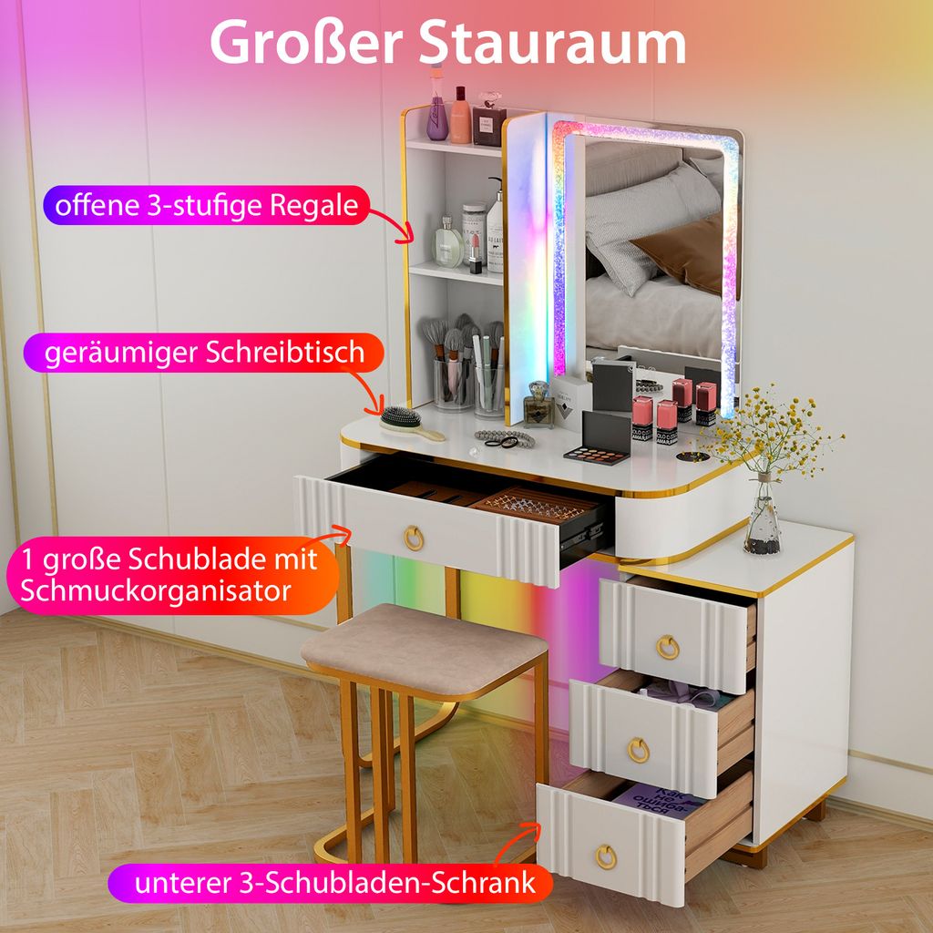 Schlafzimmer Schminktisch Schubladen Buildonely Schminktisch Mit LED-Spiegel & Hocker - 6 Schubladen, 3 Lichtfarben, Weiß, 80x36 Cm Schminktisch Mit Beleuchtung