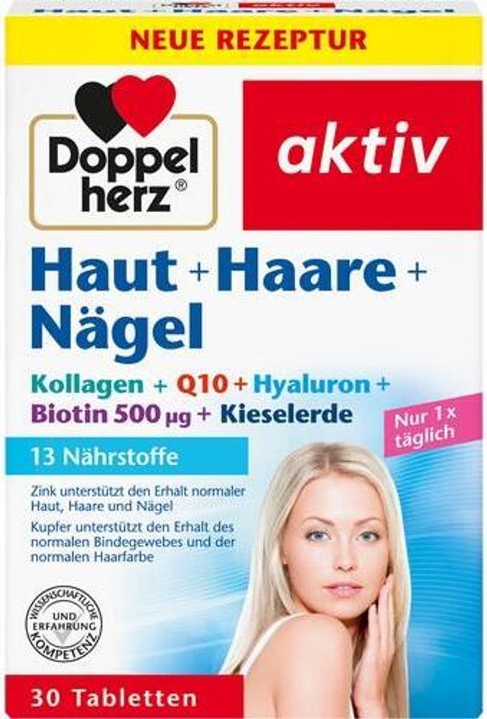 A product box for Doppelherz skin, hair, and nails supplement, featuring a woman's face and product details.