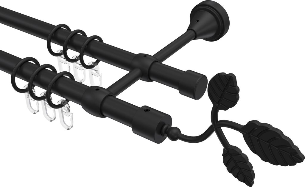 Interdeco Gardinenstange / Vorhangstange Schwarz, Typ Primus Alessia (Blatt), 16 mm Ø 2-läufig, 320 cm