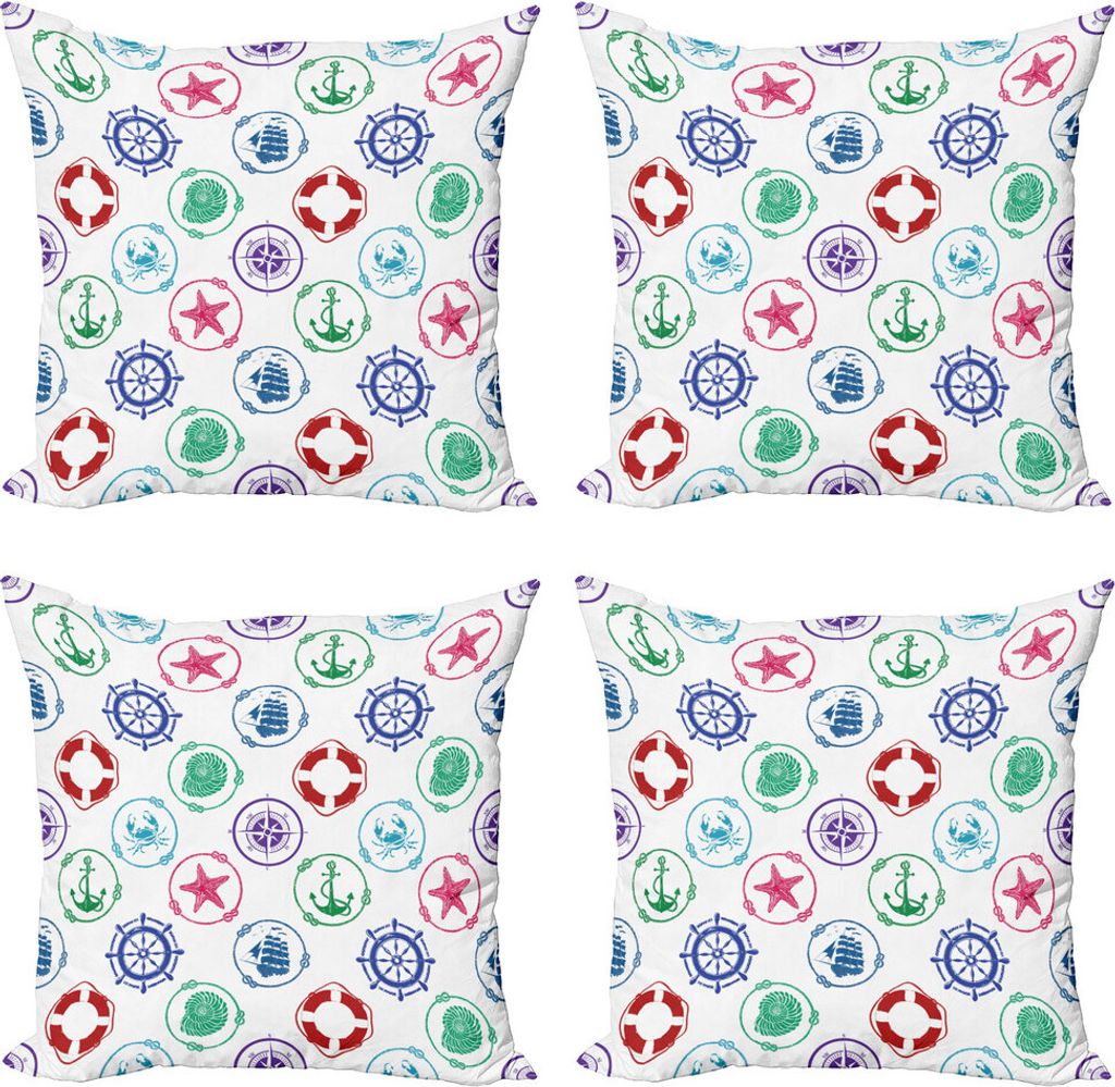 ABAKUHAUS Steuerrad Kissenbezug Set (4 Stück), Rad Kompass Anker, Moderner Doppelseitiger Digitaldruck, 50 cm x 50 cm, Grün Rot