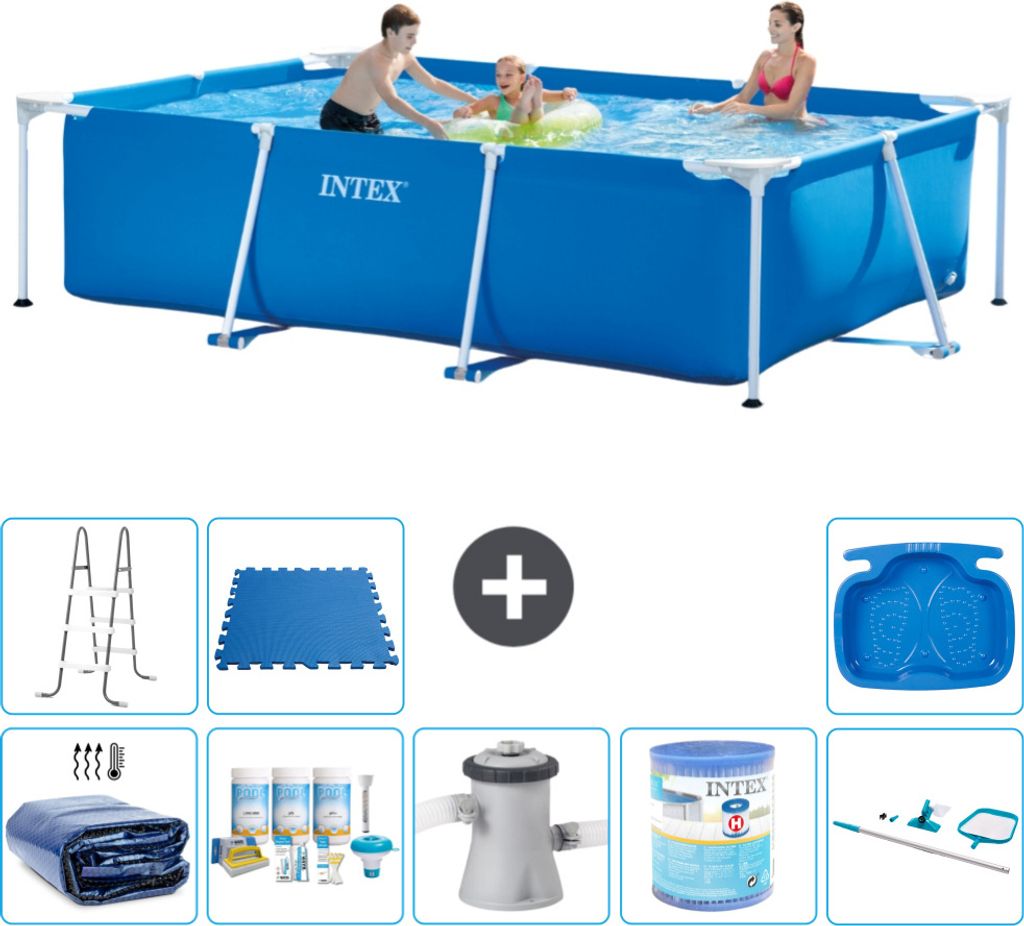 Intex-Schwimmbecken mit rechteckigem Rahmen – 300 x 200 x 75 cm – Blau – im Lieferumfang enthalten Sonnensegel - Wartungspaket - Filterpumpe ...