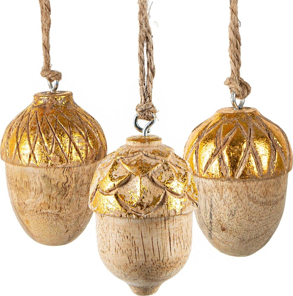 3 Holz Weihnachtsanhänger Eicheln Gold Natur Weihnachten 6 cm