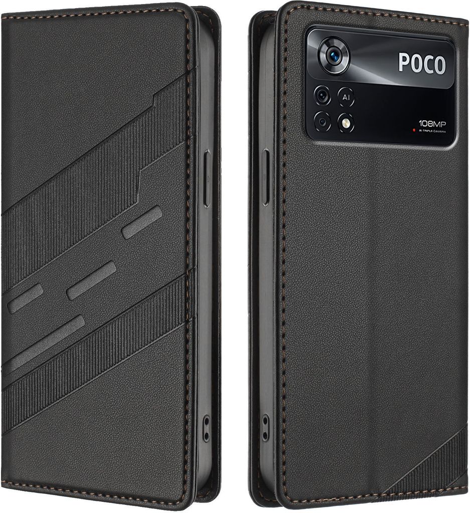 Hülle für Xiaomi Poco X4 Pro 5G, Kunstleder Brieftaschen Handyhülle mit Kartenfach und Standfunktion Schwarz