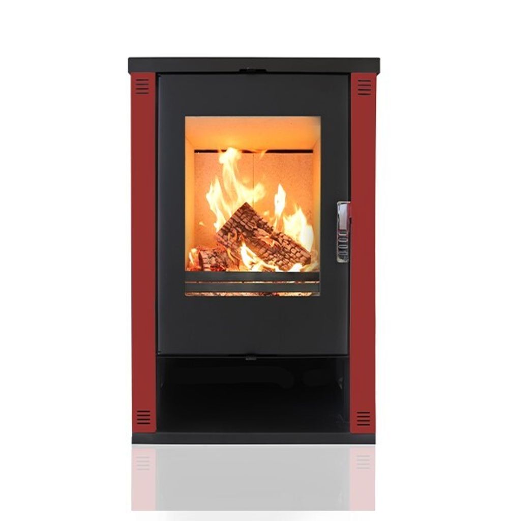 A modern red and black wood-burning stove with a fire burning inside.