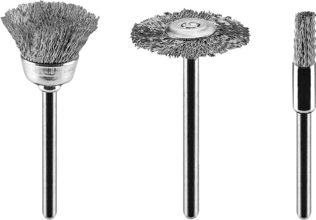 GRAPHITE Stahlbürsten, Satz von 3 Bürsten, Bürste 5 mm, Becher, Topf 15 mm, Scheibe, Teller 22 mm,
