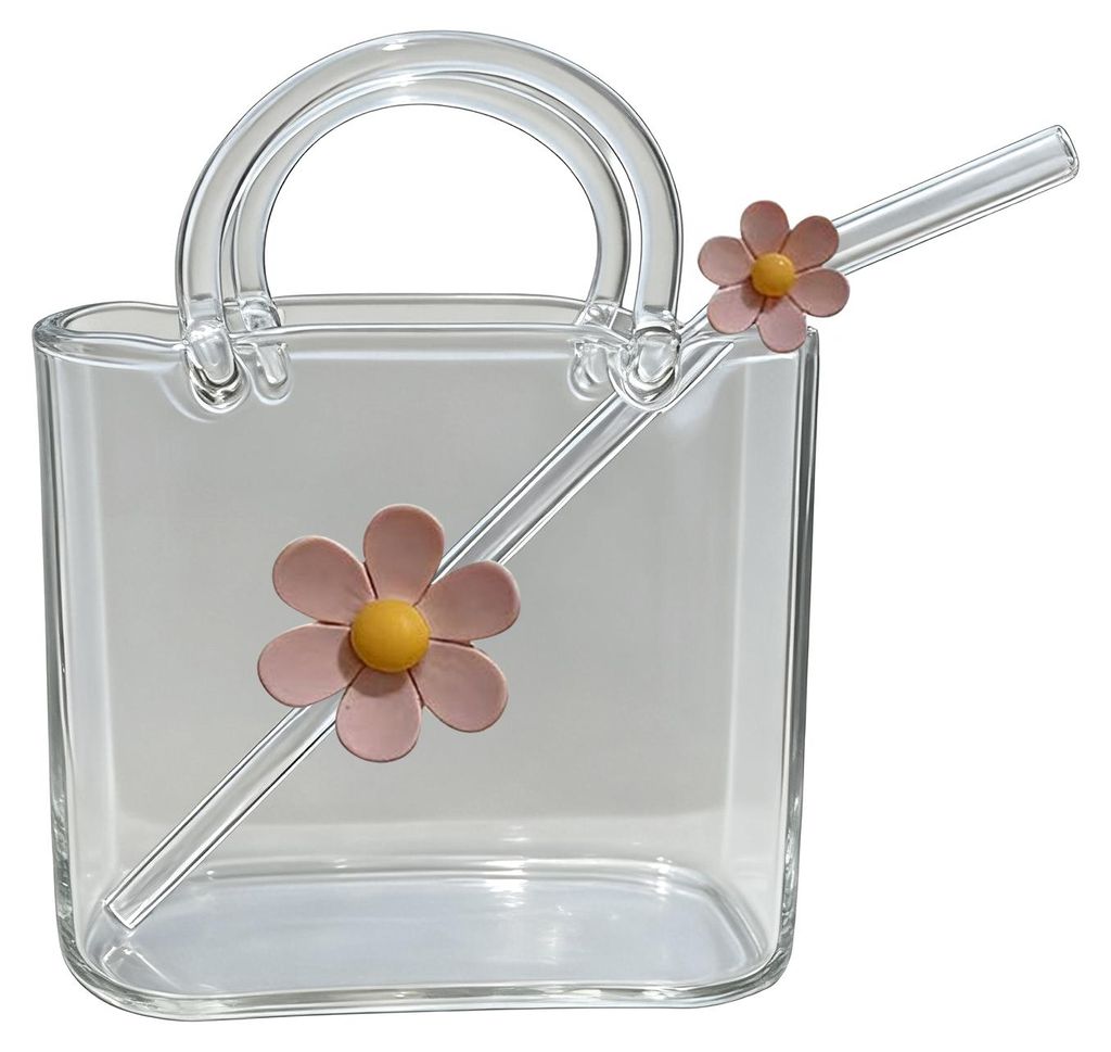 Handtaschenförmiger Glasbecher, 750 ml, durchsichtig, kreativer Tumbler für Saft, Cocktails, Eiskaffee, niedliche Glas-Handtasche, dekorative Fis...