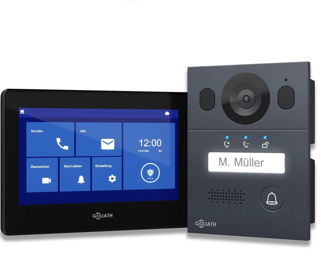 Goliath Basic Line AV-BLS-02A Video-Türsprechanlage, 2-Draht, 1 Familie, 1 7-Zoll-Monitor in Schwarz, Türstation Anthrazit, Aufputz