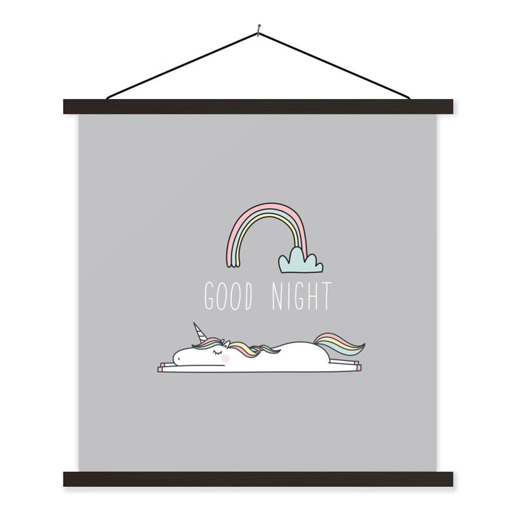 MuchoWow Textilposter Einhorn - Regenbogen - Kinder - Zitate - Gute Nacht - Mädchen 90x90 cm mit schwarzem Rahmen - Magnetisches