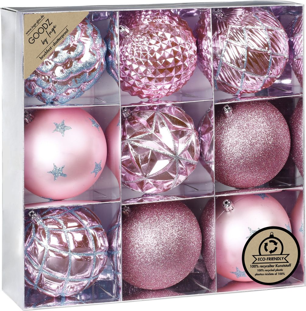 Weihnachtskugeln Kunststoff 10cm Muster / Glitzer Mix 9er Produktbild 
