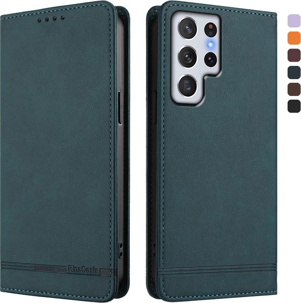 Hülle für Samsung Galaxy S22 Ultra 5G, Retro Kunstleder Ständer Klapphülle mit Kartenfächer und Magnetische Grün