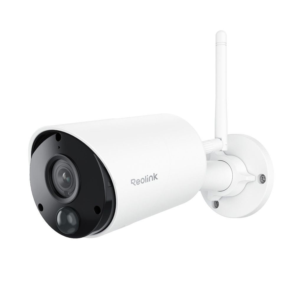 A white Reolink Argus Eco security camera with an antenna is shown against a white background.