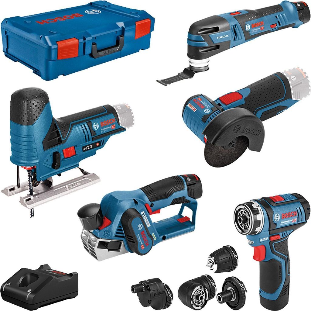 Bosch Profi Set 12V: GSR 12V-15 FC, GOP 12V-28, GHO 12V-20, GWS 12V-76, GST 12V-70, 3x Akku, Schnellladegerät, XL-BOXX