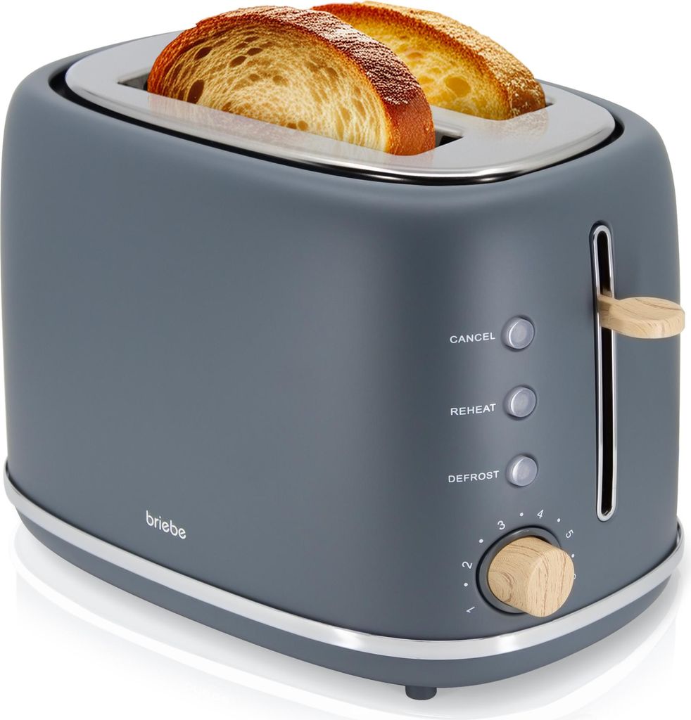 Briebe TA1166GRY Nordic Toaster 2 Scheiben Breite Schlitze mit Brötchenaufsatz, 6 Toast Stufen Grau