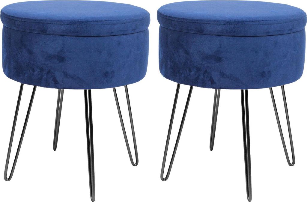 Weicher runder Aufbewahrungs-Fußhocker aus Samt mit schwarzen Haarnadelbeinen – Blau – 2er-Pack