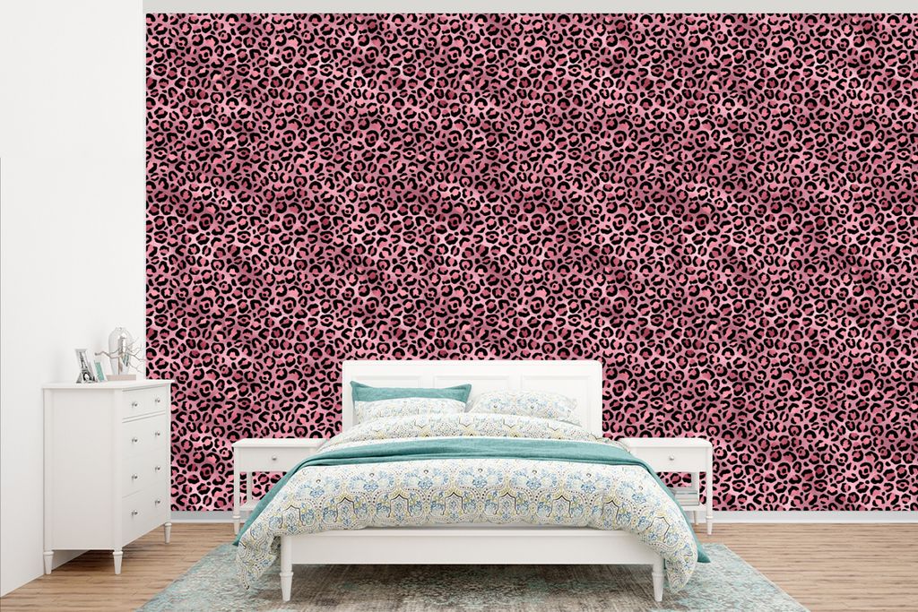 MuchoWow Fototapete für Wohnzimmer oder Schlafzimmer Wandtapete Vinyl Motivtapete Panther - Rosa - Tiermotiv - Muster - 375x240 cm - Wand Tapete