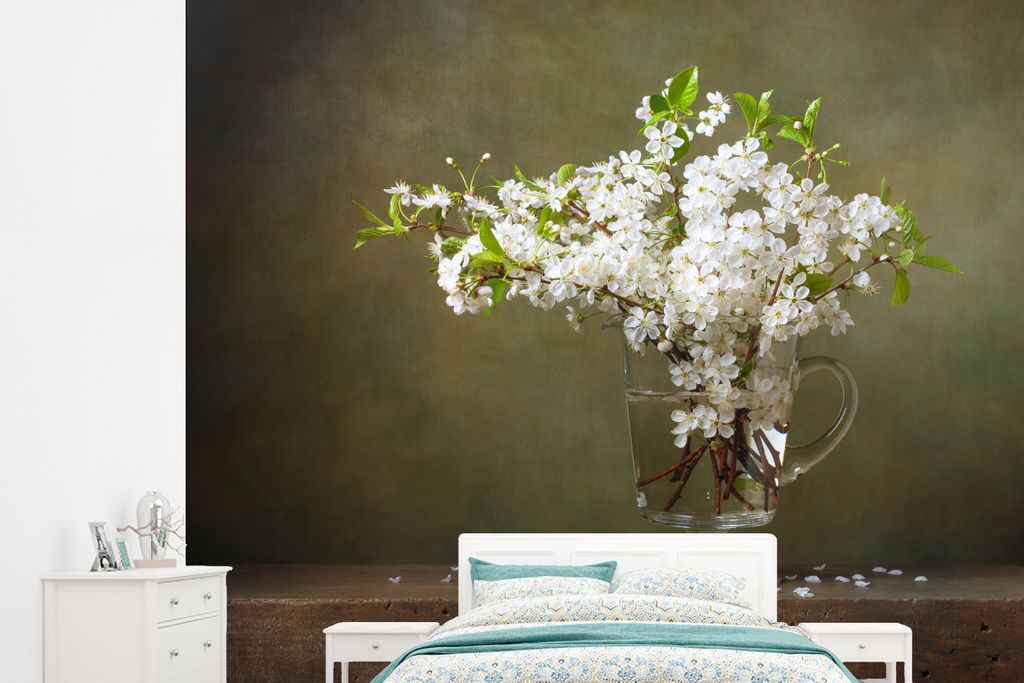 MuchoWow Fototapete für Wohnzimmer oder Schlafzimmer Wandtapete Vinyl Motivtapete Stilleben - Krug - Sakura - 265x240 cm - Zimmer für Kinder