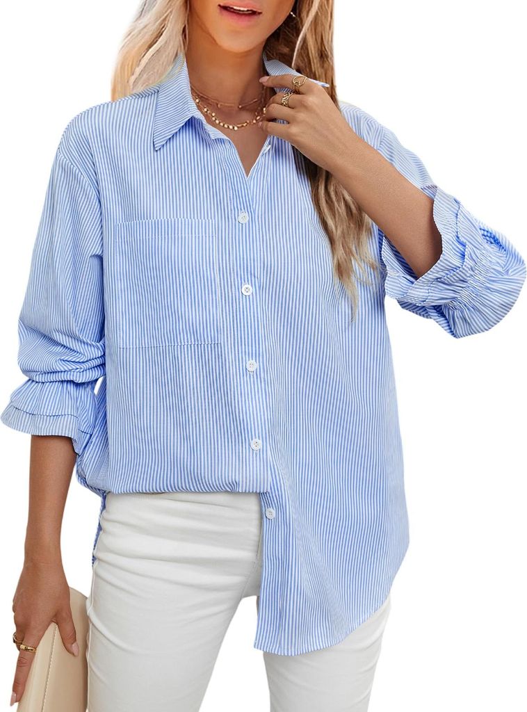 ASKSA Damen Bluse V Ausschnitt Langarm Knoepfen Elegant Hemdbluse Casual Hemden Gestreifte Brusttasche Oberteile (Blau,M)