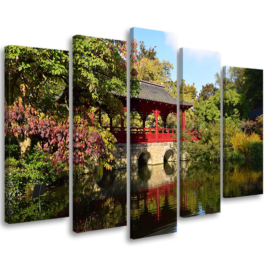 5-teiliges leinwandbild garten japan landschaftsbild 150x100 cm Feeby grün wandbild bereit zum aufhängen