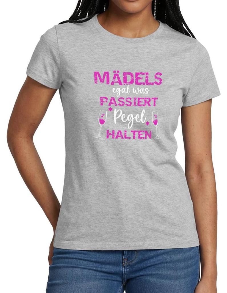 Spreadshirt Mädels Egal Was Passiert Pegel Halten JGA Party Frauen T-Shirt, S, Grau meliert