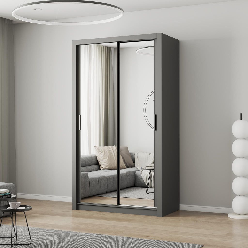 Schwebetürenschrank Kleiderschrank Schrank 120cm Grau/Grau Produktbild 