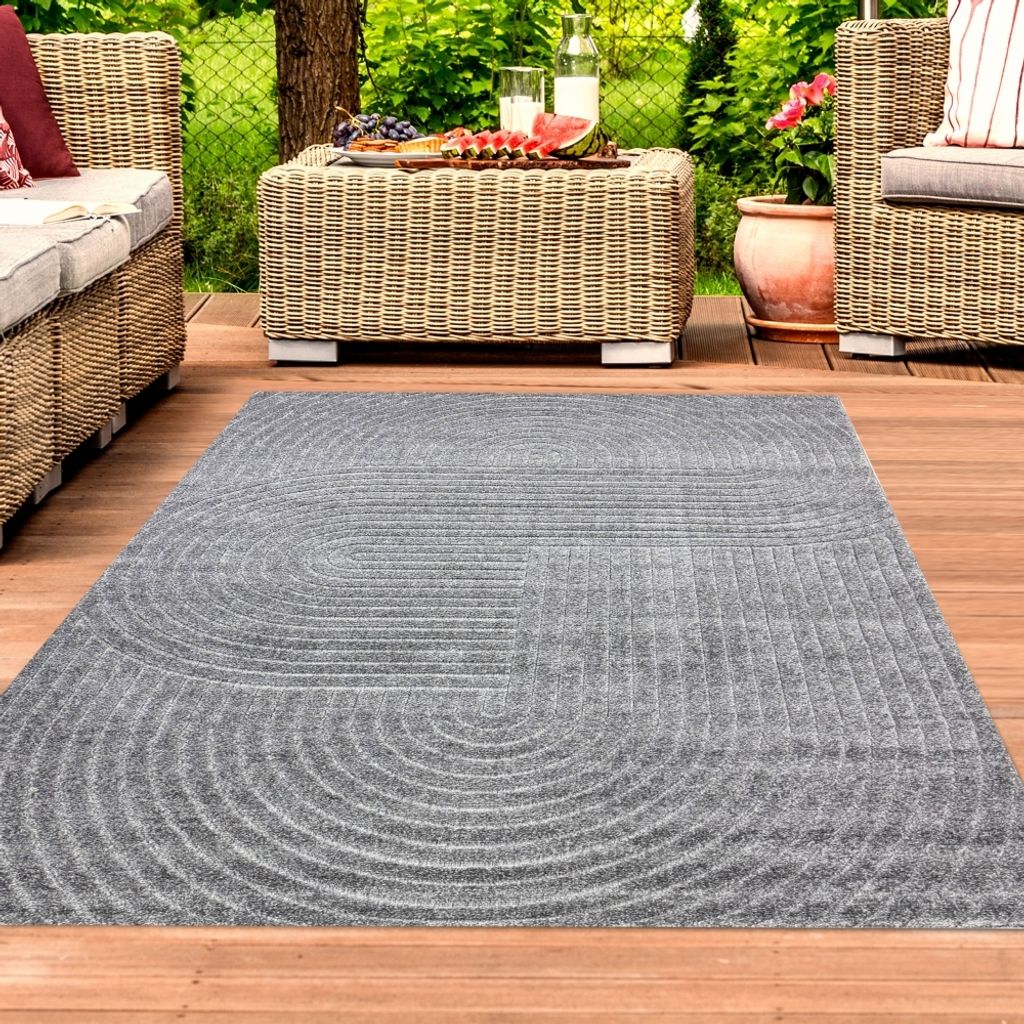Moderner Outdoor Teppich wetterfest Terrasse Balkon Boho-Style hochwertig Anthrazit Größe - 120 x 160 cm