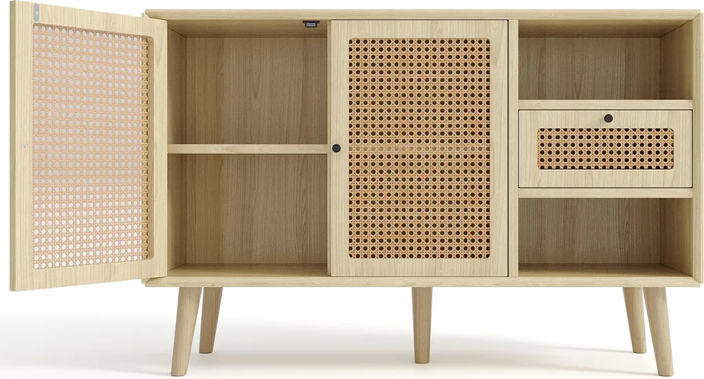 Commode de Salon avec Portes en Rotin, Buffet Bas 120cm Style Bohème - 9