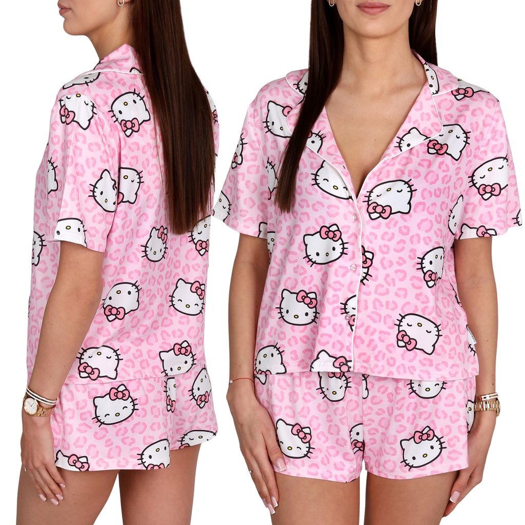 Hello Kitty rosa Damen-Pyjama mit Knopfleiste, zweiteiliger Sommerpyjama mit kurzen Ärmeln S