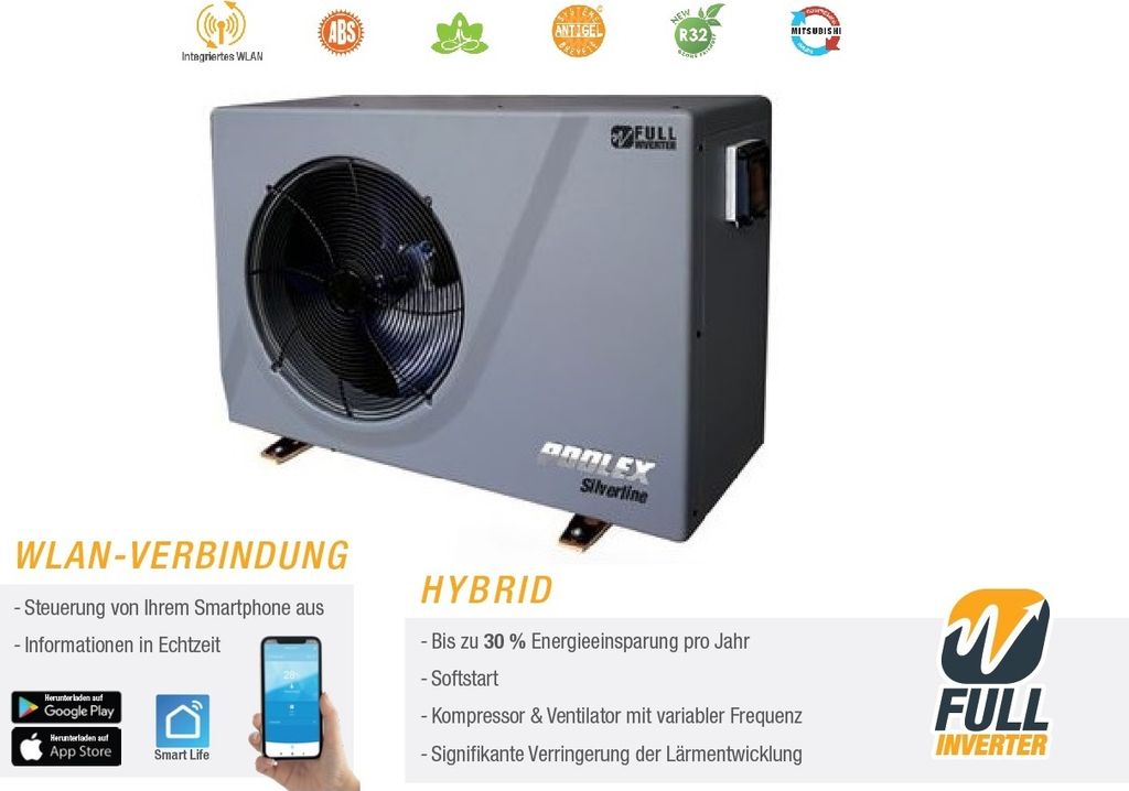 Poolex Swimmingpool Wärmepumpe "Silverline Full Inverter 90" für Pools bis 30.000 l, 9,2 kW Heizleistung