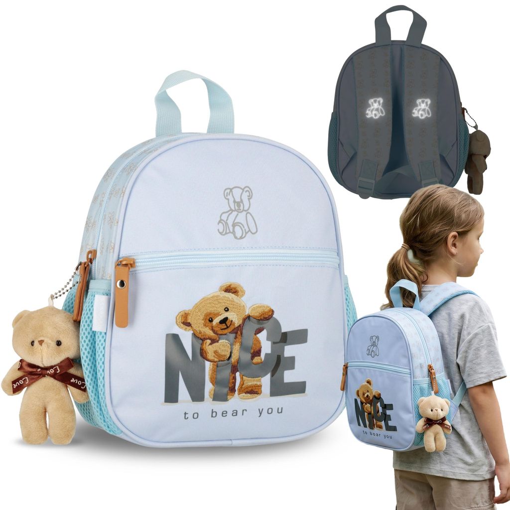 Blauer Bär kleiner Kinderrucksack für Mädchen mit Reflektoren, Schlüsselanhänger, 5 L, für Ausflüge