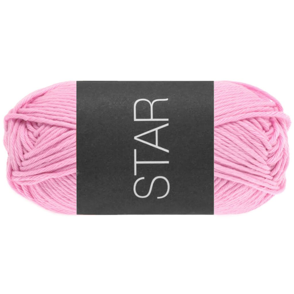 A ball of pink yarn with a black label.