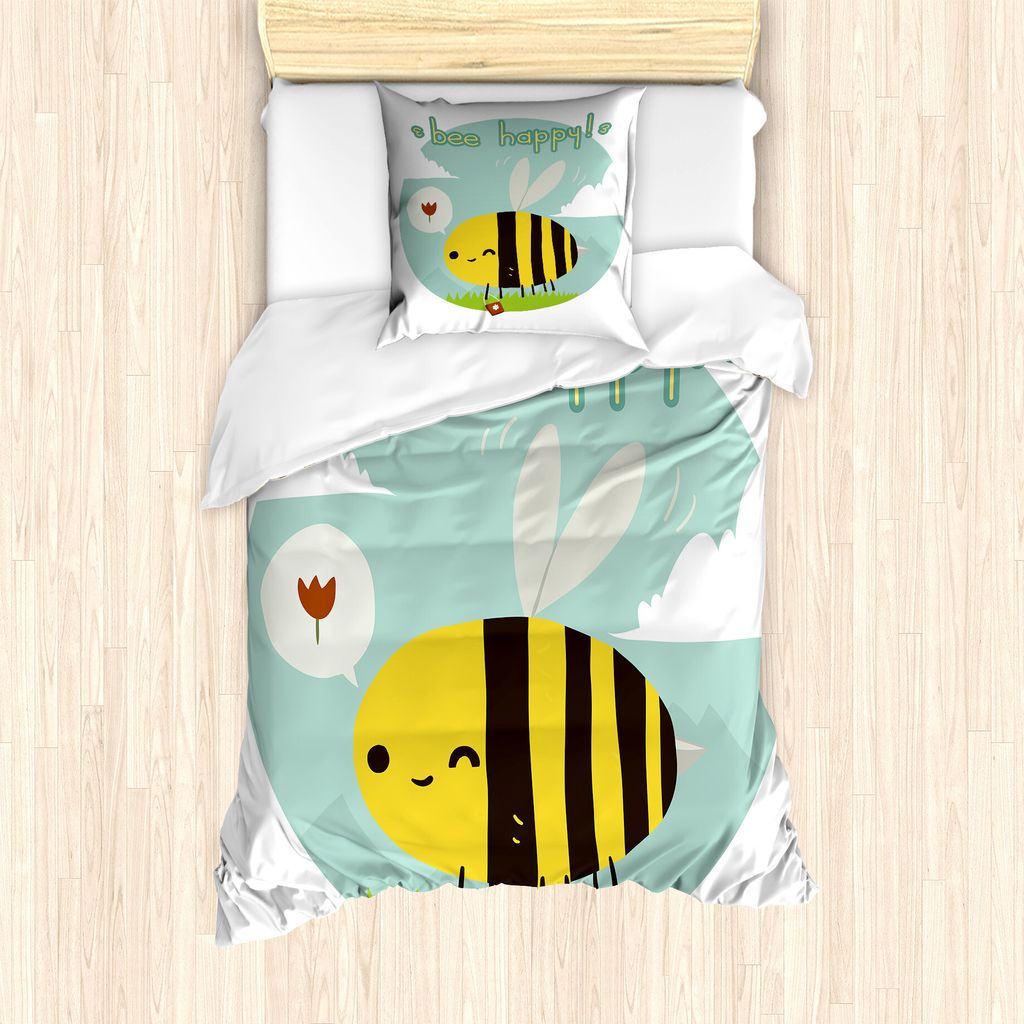 ABAKUHAUS Bienenkönigin Bettbezug Set für Einzelbetten, Bee Happy Doodle, Milbensicher Allergiker geeignet mit Kissenbezug, 135 cm x 200 cm - 80 ...
