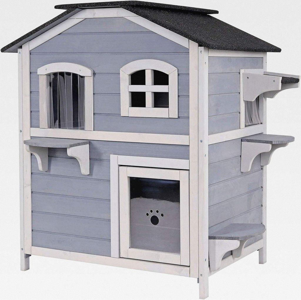 Katzenvilla aus Tannenholz mit Bitumendach für drinnen und draußen, Katzenhaus über 2 Etagen mit Stufen, 80x55x90 cm, Lamellenvorhang und Fenste...