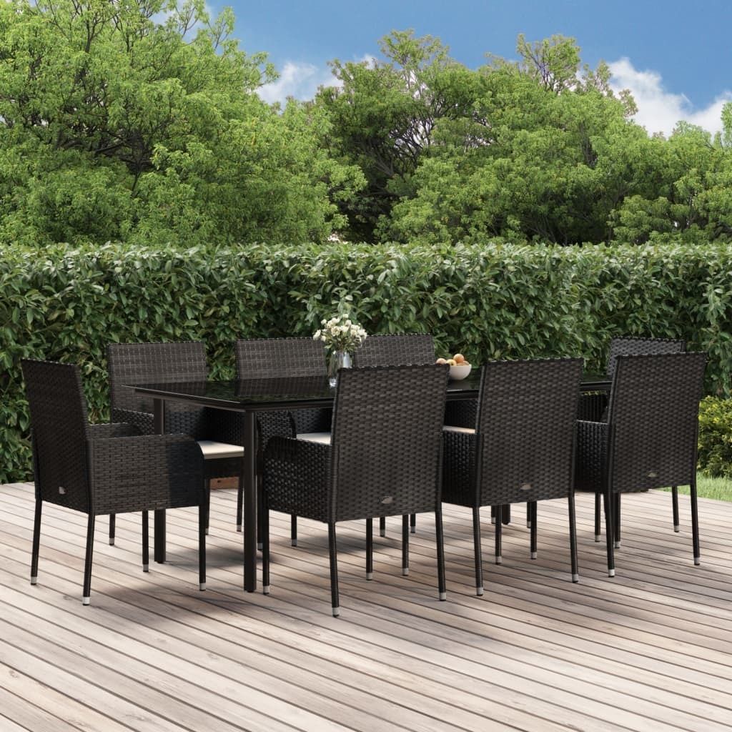 The Living Store 9-tlg. Garten-Essgruppe mit Kissen Schwarz Poly Rattan