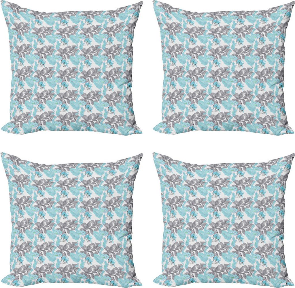 ABAKUHAUS Grau Blau Kissenbezug Set (4 Stück), Blumen und Laub, Moderner Doppelseitiger Digitaldruck, 40 cm x 40 cm, Mehrfarbig