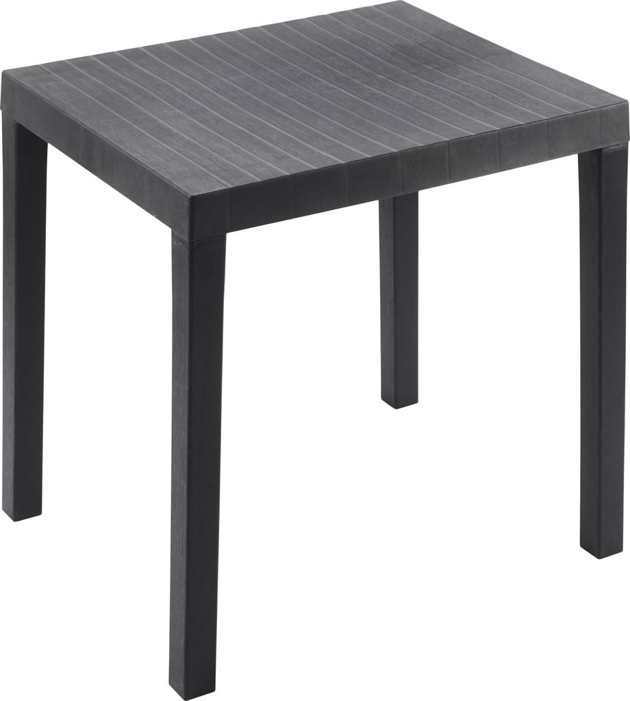 A dark gray plastic garden table with a slatted top and four legs, shown against a white background.