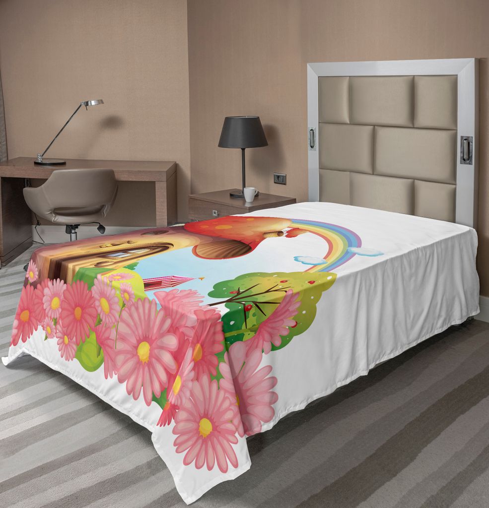 ABAKUHAUS Pilz Bettlaken, Kleines Shroom Haus im Garten der Blumen Regenbogen Obstbaum Zirkus Zelt Ballone, weiches bequemes oberes Bettlaken für ...