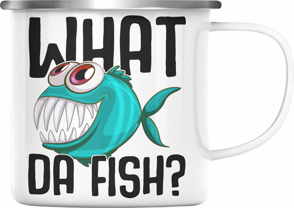 Trendation - Angler Fischer Emaille Tasse Geschenk Raubfische Hobbyangler Hecht Forelle Barsch Angeln Emaille Emaille Tasse Zubehör (Silber)