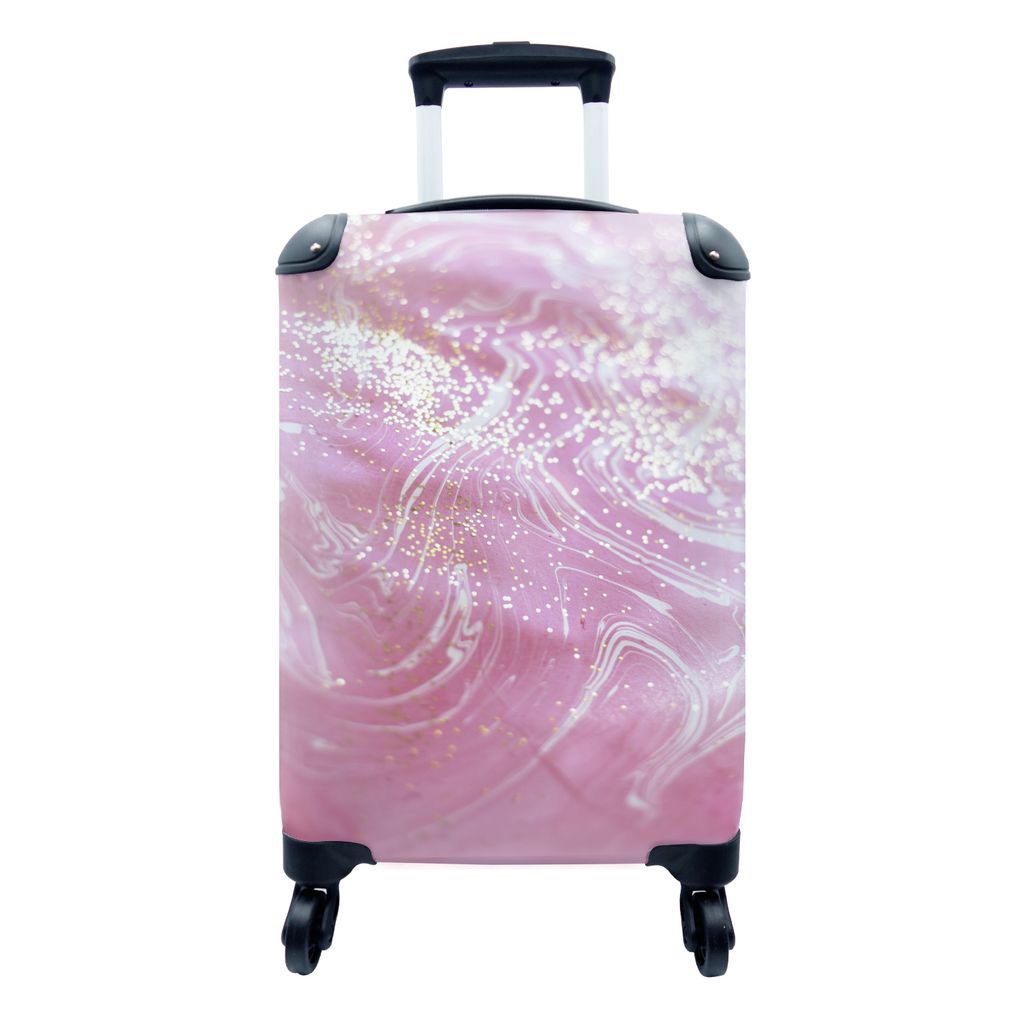 MuchoWow Koffer Handgepäck Trolley Rollkoffer Kleine Reisekoffer mit 4 Rollen - Marmor - Rosa - Weiß - Glitter - Cabin Size < 55x40x23 cm & 55x...