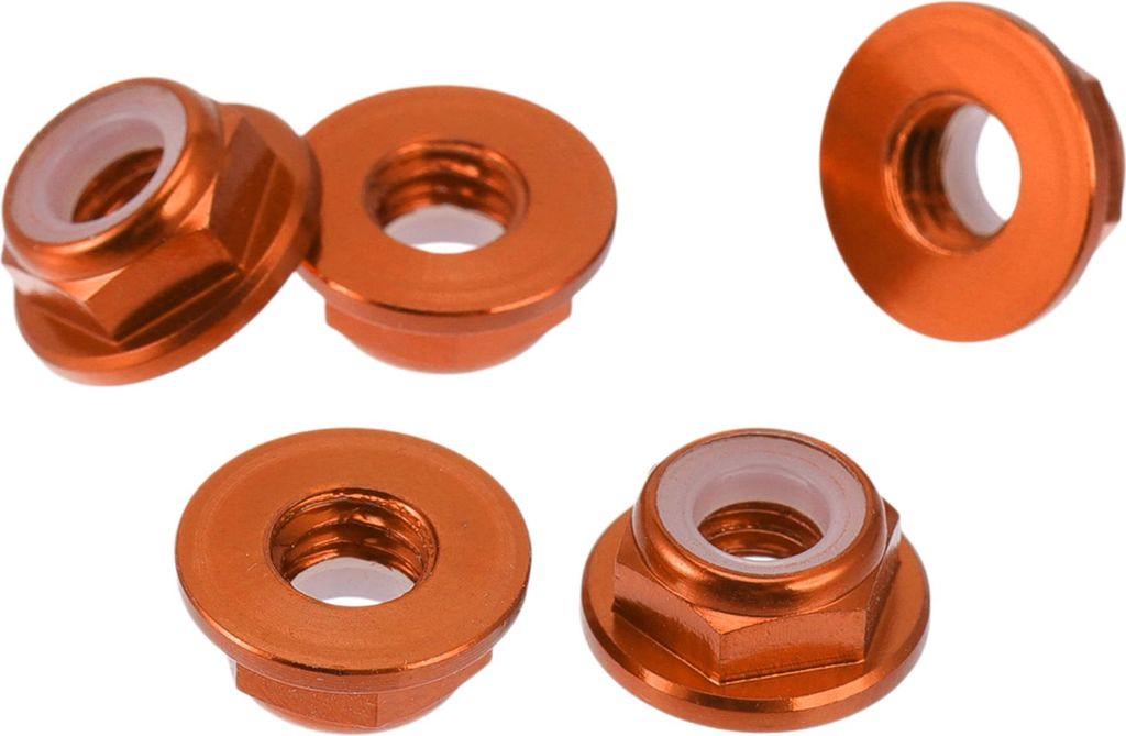 5 Stück M5 Auto-Flanschmuttern aus Aluminiumlegierung Flachsechskant-Gewindesicherungsflanschmuttern Rutschfester Flansch Orange 4,5 mm/0,18"