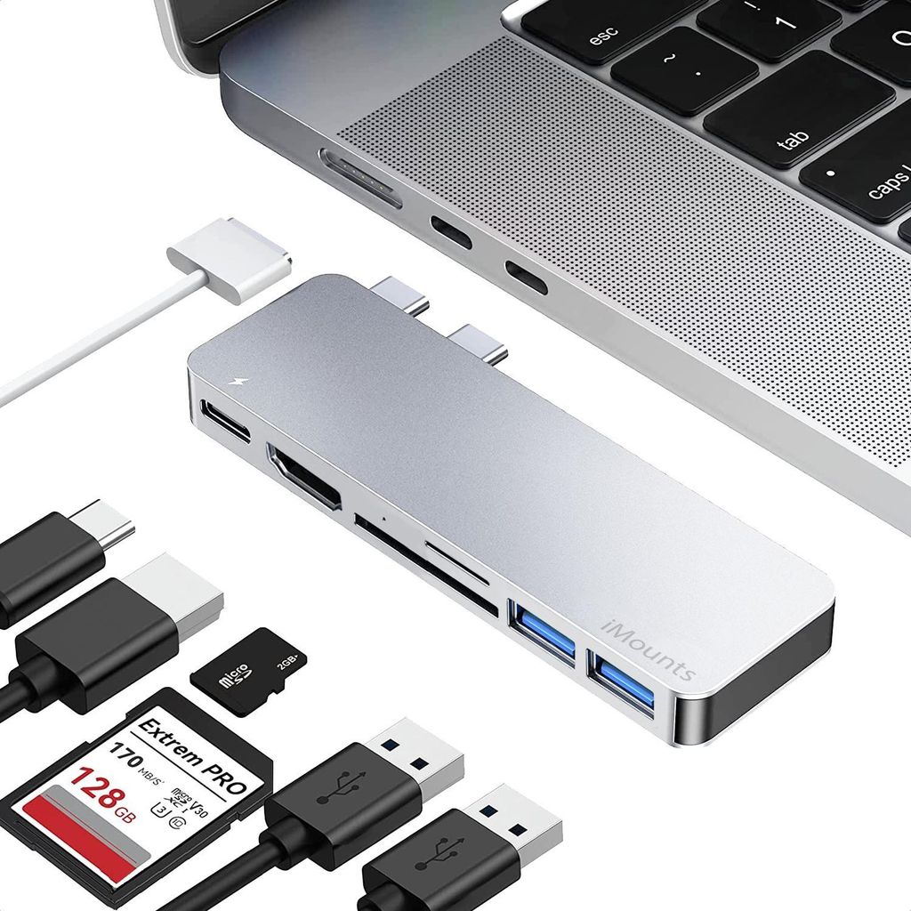 iMounts MacBook Air/Pro USB-C Hub - HDMI, USB3.0, SD-Leser, M2/M3/M4/M5 - Laden und Datenübertragung - Silber/Silver