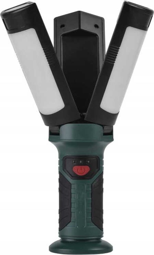 A portable LED work light with three adjustable light panels.