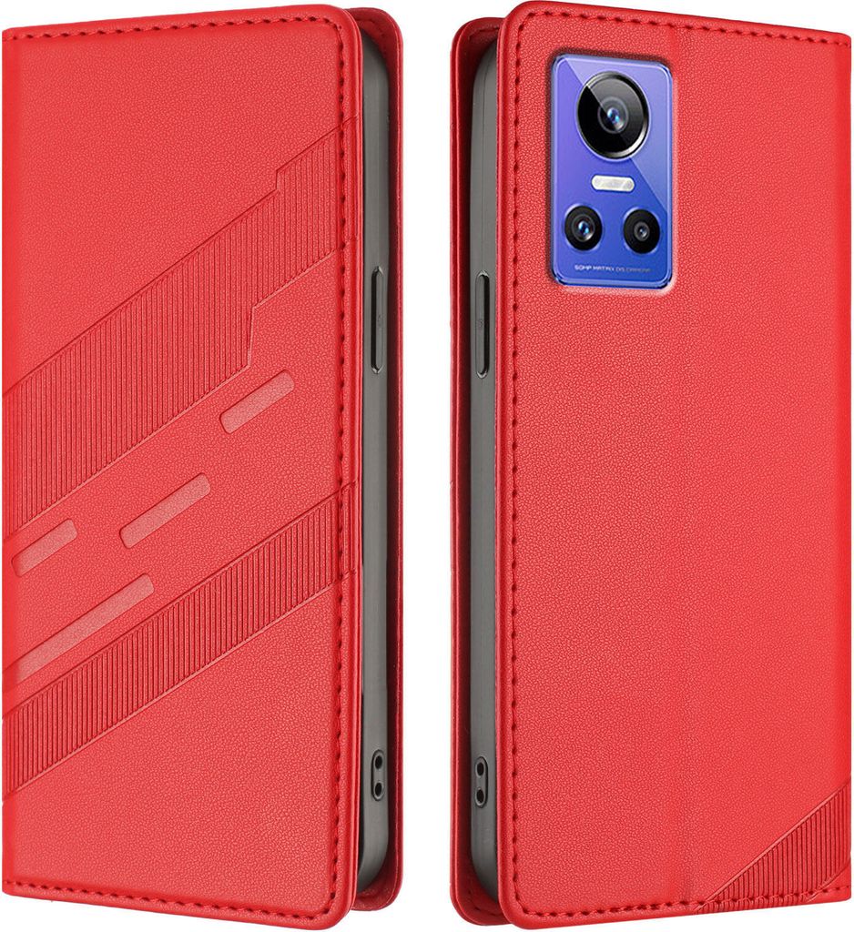 Hülle für Realme GT Neo 3, Kunstleder Brieftaschen Handyhülle mit Kartenfach und Standfunktion Rot