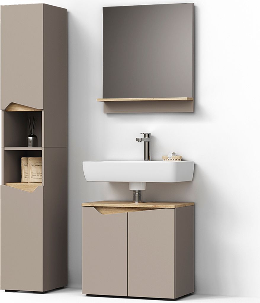 A modern bathroom vanity set with a tall cabinet, sink, and base cabinet against a white wall.