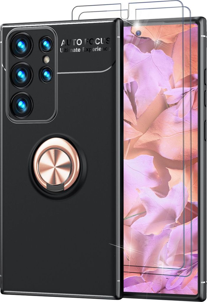 Ring Silikon Hülle für Samsung Galaxy S23 Ultra, 2x Displayschutz Rose Gold